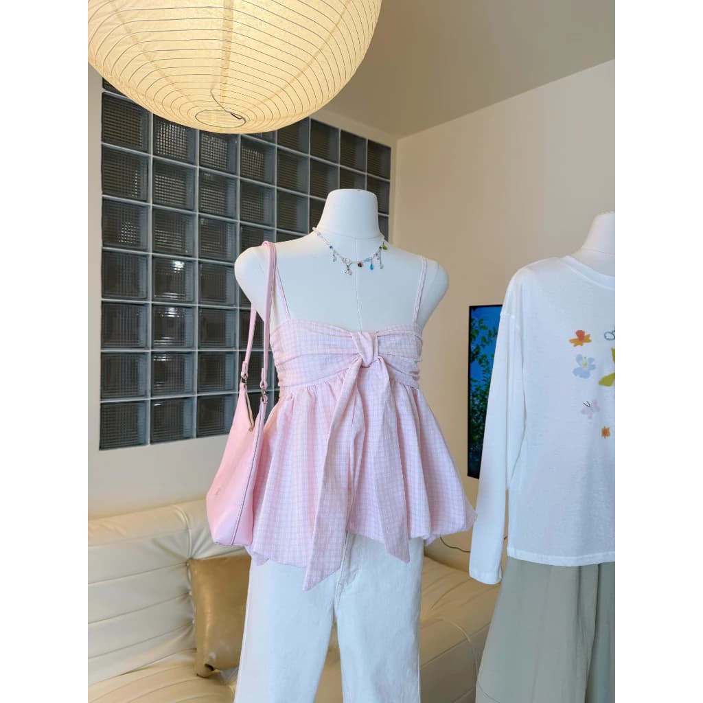 LENCLOTHING 格紋細肩蝴蝶結上衣