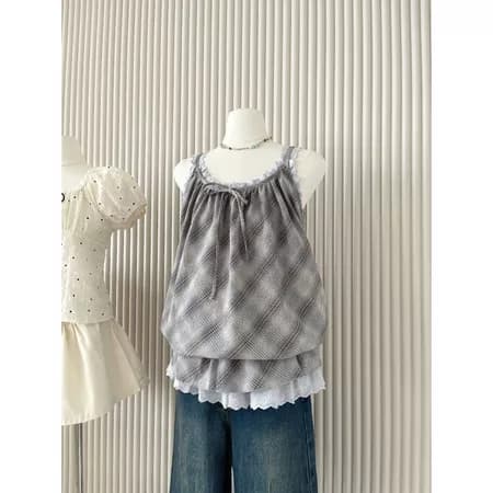 LENCLOTHING 格紋層次拼接 babydoll 上衣