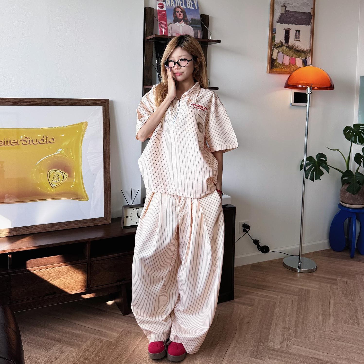 Outerity 條紋寬管褲